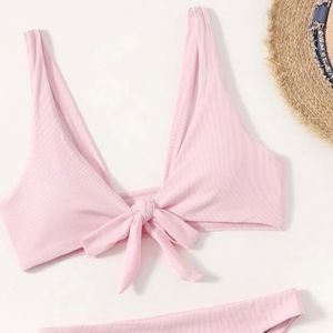 Ribbed Knot Front Pink Bikini Top Shein Xs